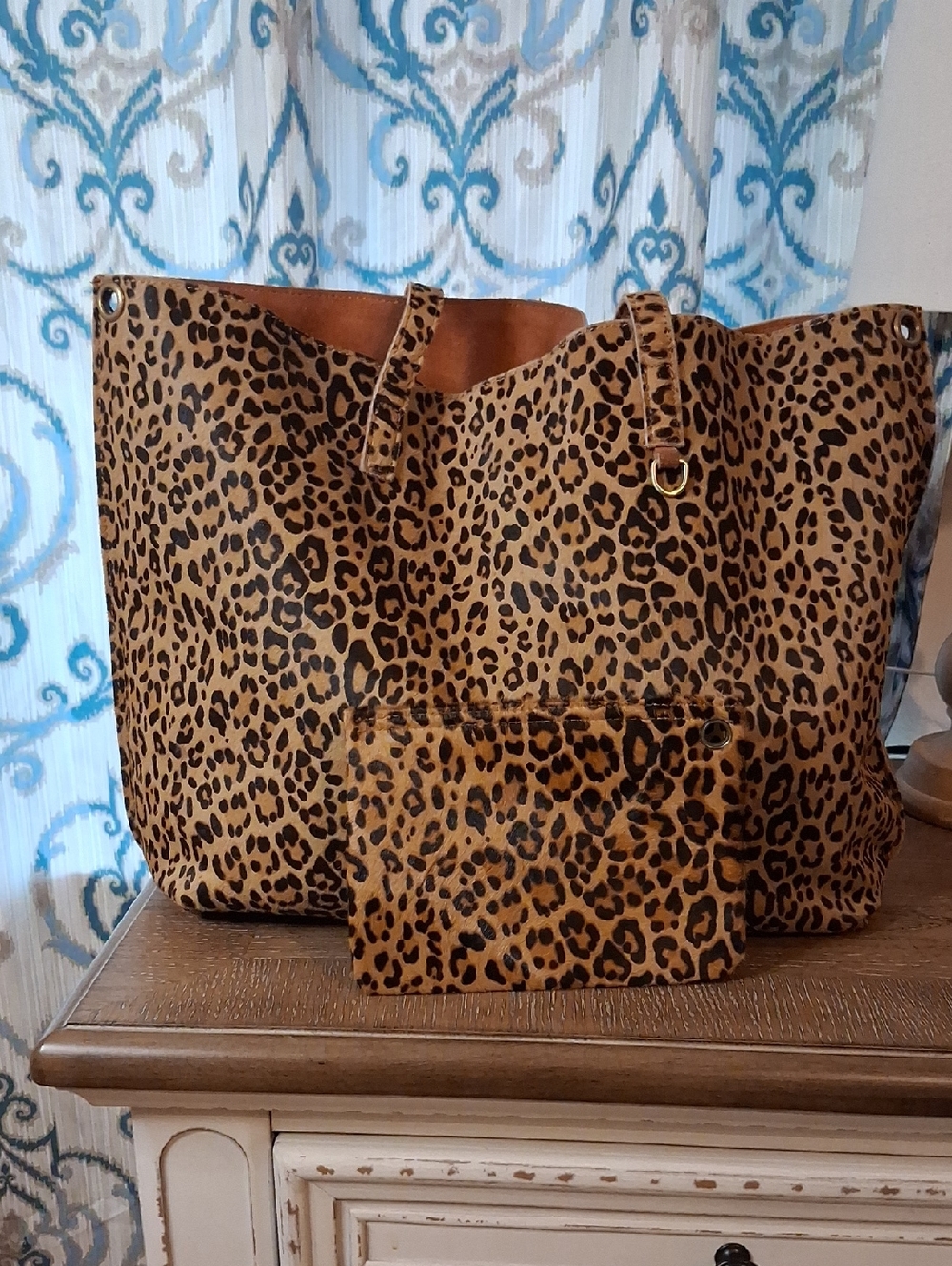 Lucky & Blessed Leopard Print Tote and Pouch - Brown